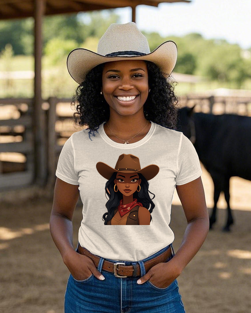 Cartoon Melanin Cowgirl Crew Neck Short Sleeve Cotton T-shirt