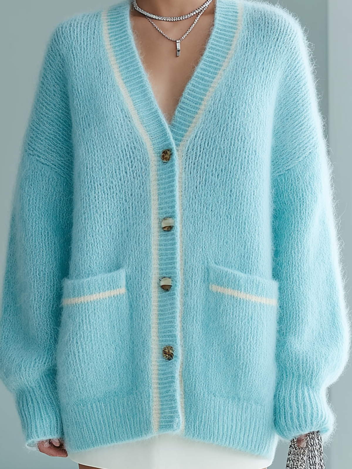 Taidalw Chic Casual Blue V-Collar Long-sleeved Button Patch Pocket Contrast Trim Details Oversized Mohair Knit Cardigan
