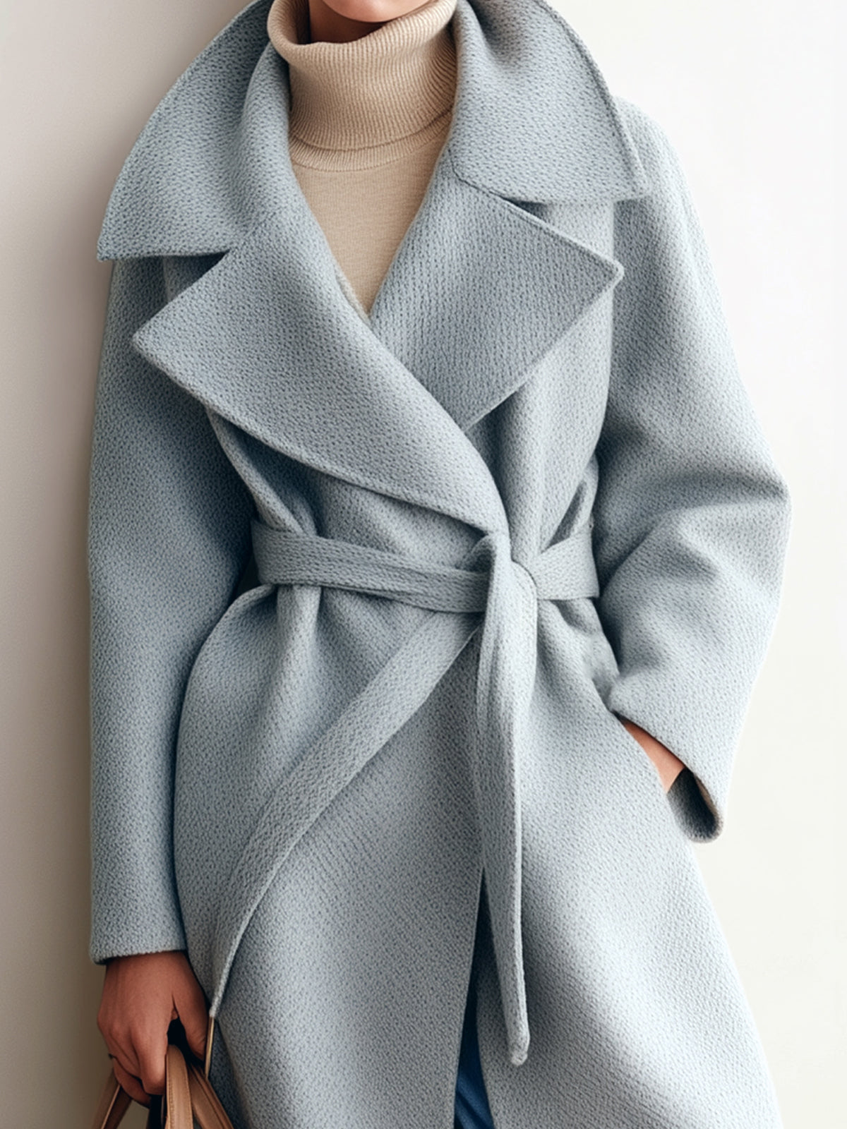 Taidalw Chic Vintage Light Blue Wool Blend Shawl Lapel Belted Warm Long Coat