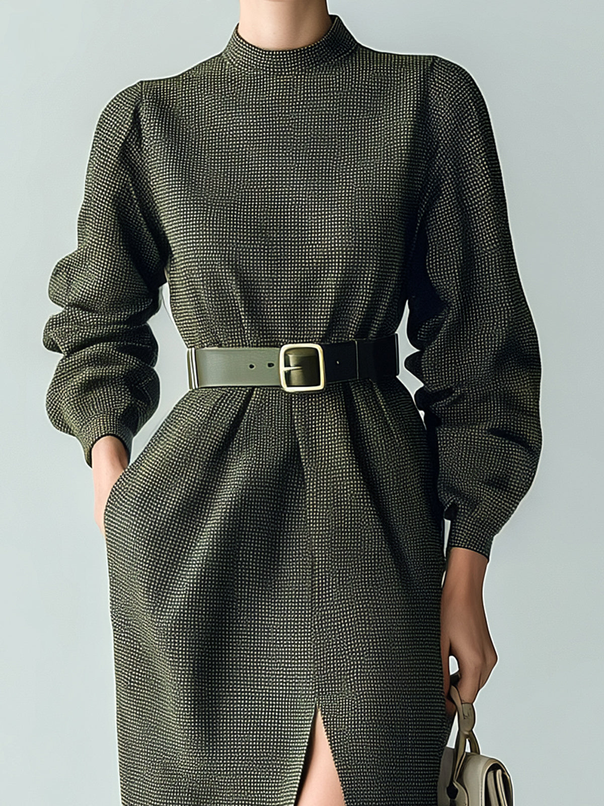 Taidalw Casual Office Cotton Blend Plaid Crew Neck Oversized Belted Long Lantern Sleeve Slit Midi Dress