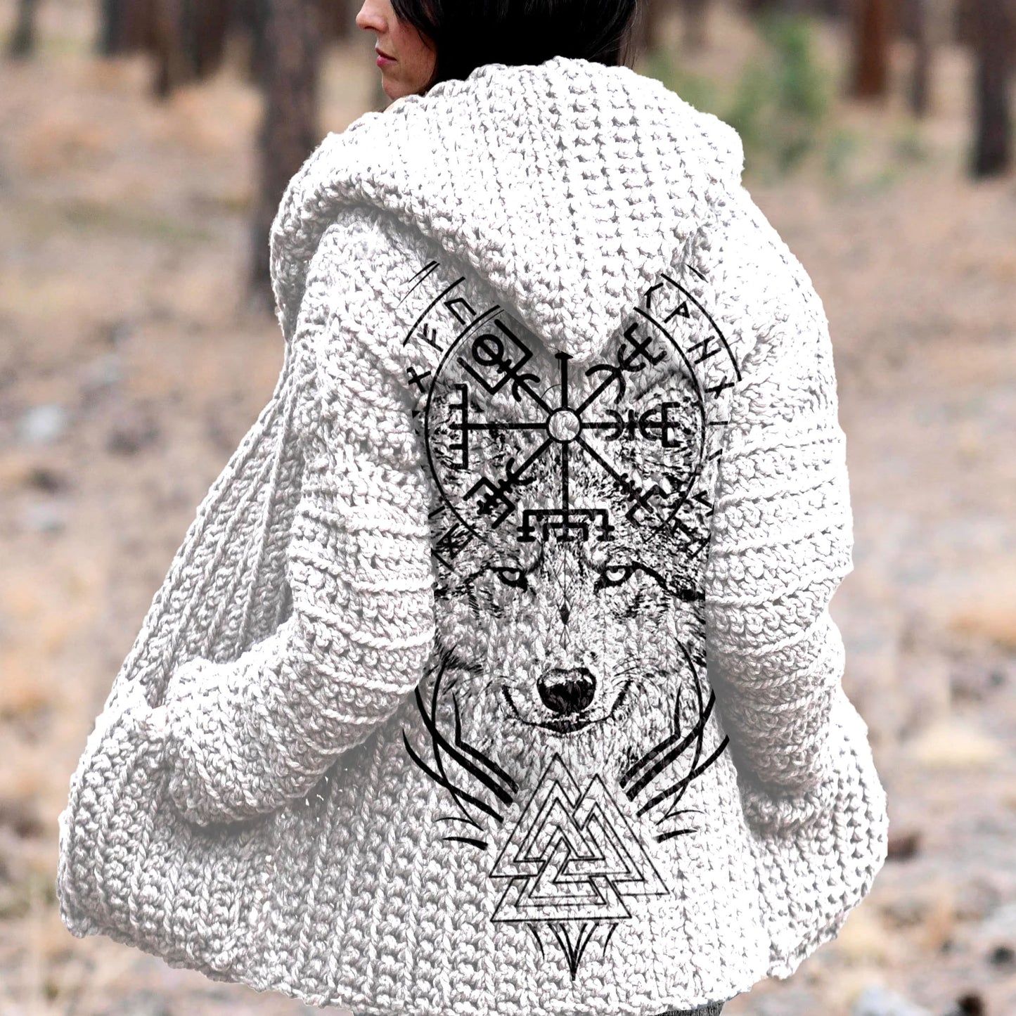 Vintage Viking Totem Wolf Print Cozy Hooded Cardigan Sweater