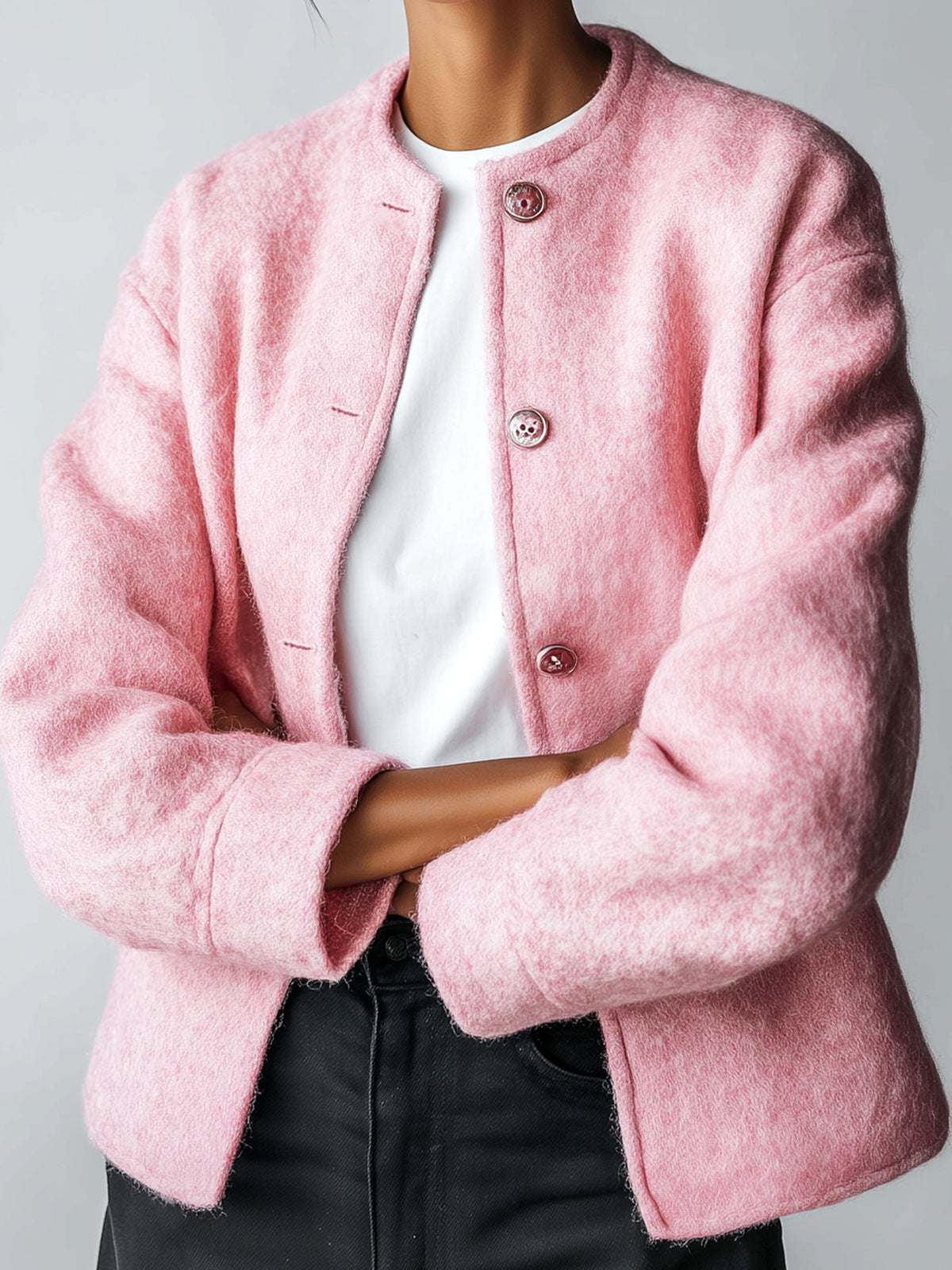Taidalw Chic Vintage Pink Wool Blend Round Neck Single-Breasted Relaxed Jacket