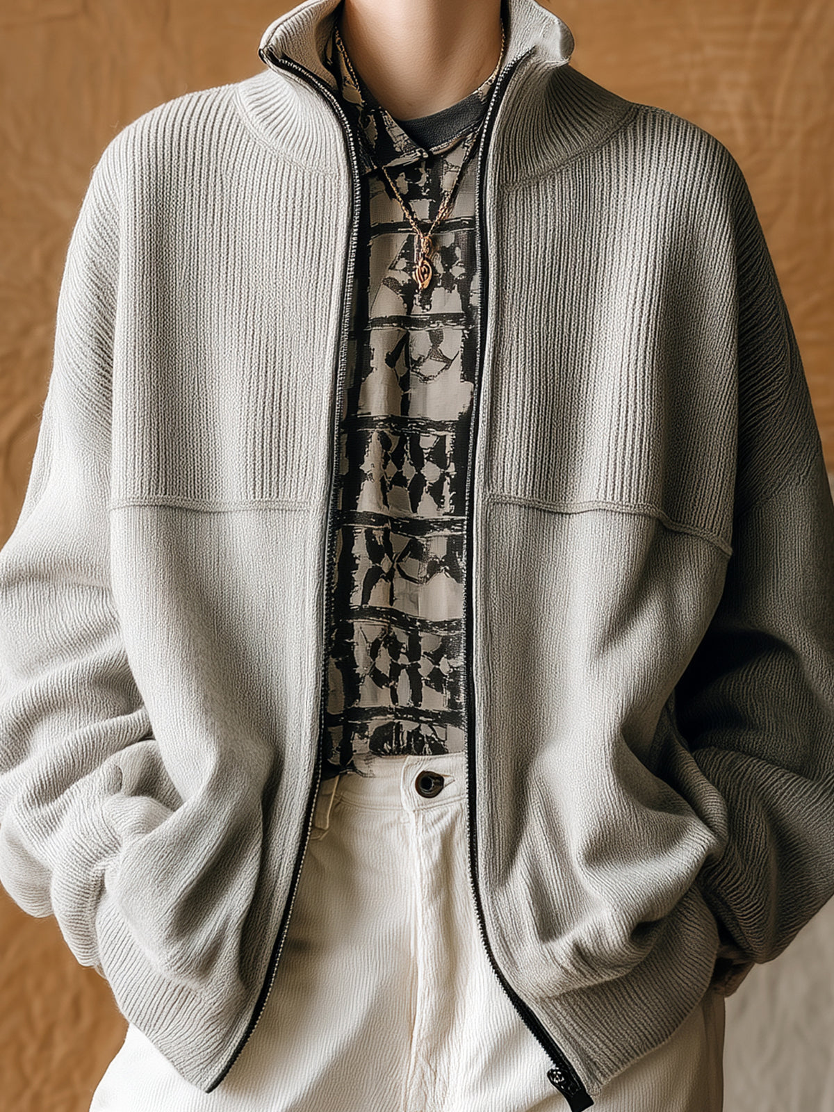 Taidalw Chic Vintage Light Gray Stand Collar Zipper-Front Long Sleeve Oversized Knit Cardigan