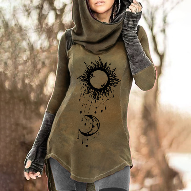 Sun Moon Print Tribal Hoodie
