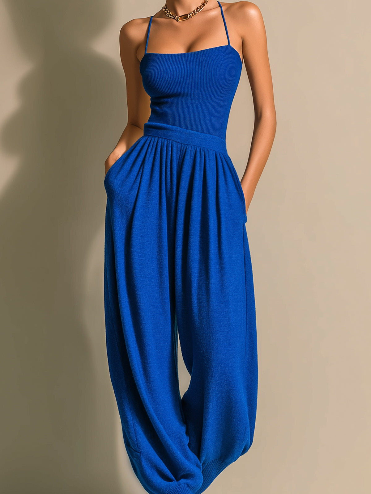 Taidalw Chic Elegant Royal Blue Sleeveless Thin Straps Slim-Fit Camisole Loose Lantern Pants Knit Two-Piece Set