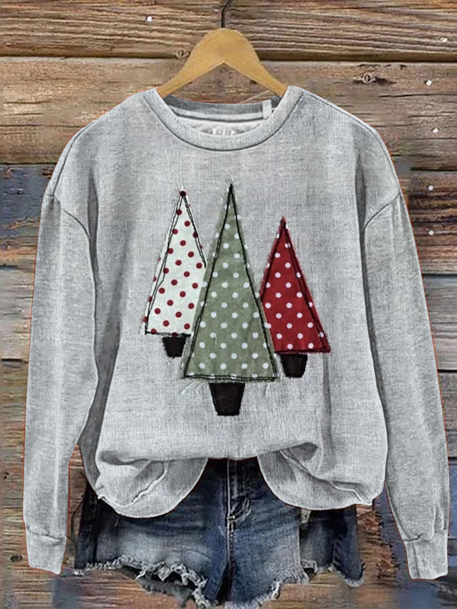 Retro Patchwork Christmas Tree Art Printed Casual Sweatshirt