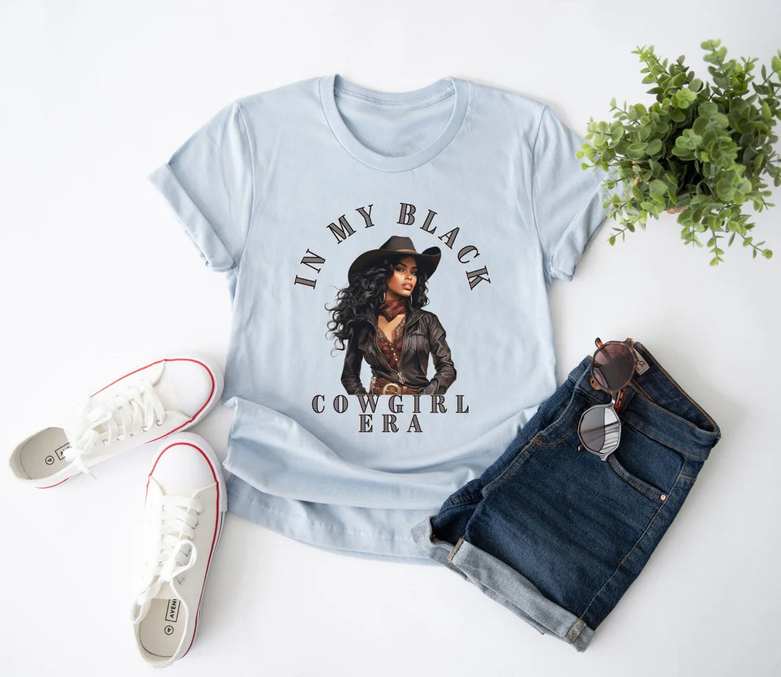 Melanin In My Black Cowgirl Era Crew Neck Short Sleeve Cotton T-shirt