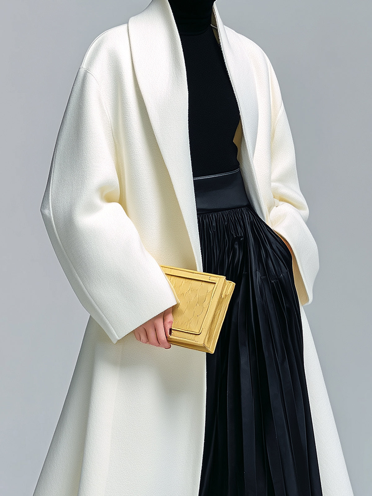 Taidalw Vintage Elegant Cream White Wool Blend Shawl Lapel Slouchy Maxi-Length Vintage Coat