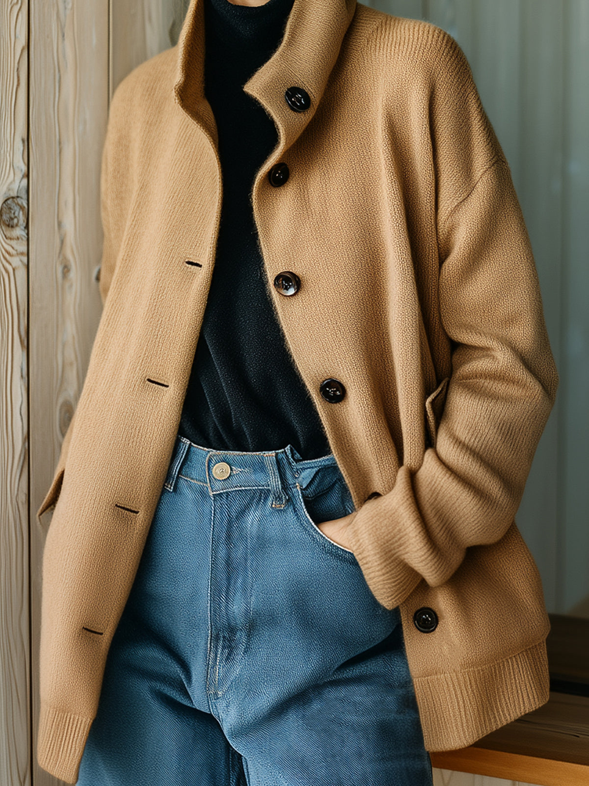 Taidalw Chic Casual Camel Stand Collar Single-Breasted Long Sleeve Flap Pocket Oversized Knit Cardigan