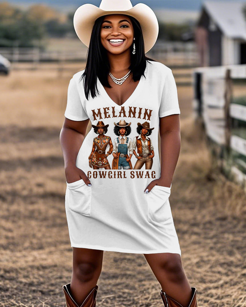 Melanin Cool Cowgirl Swag Casual V-neck Pocket Dress