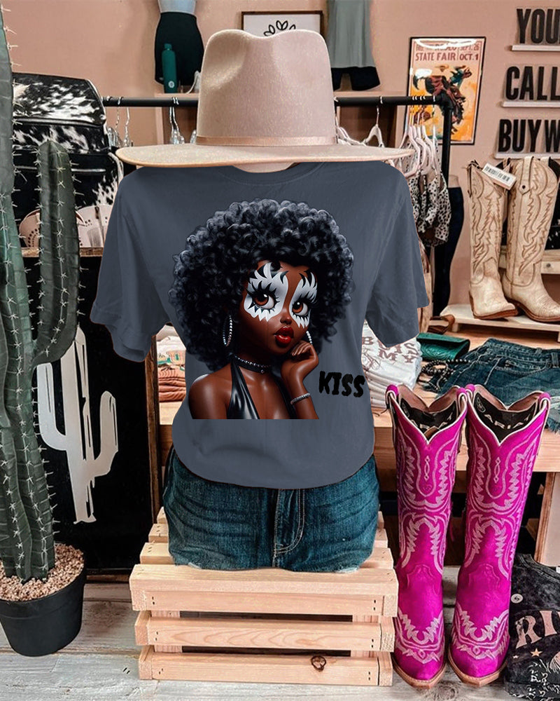 Black Girl Kiss Crew Neck Short Sleeve Cotton T-shirt