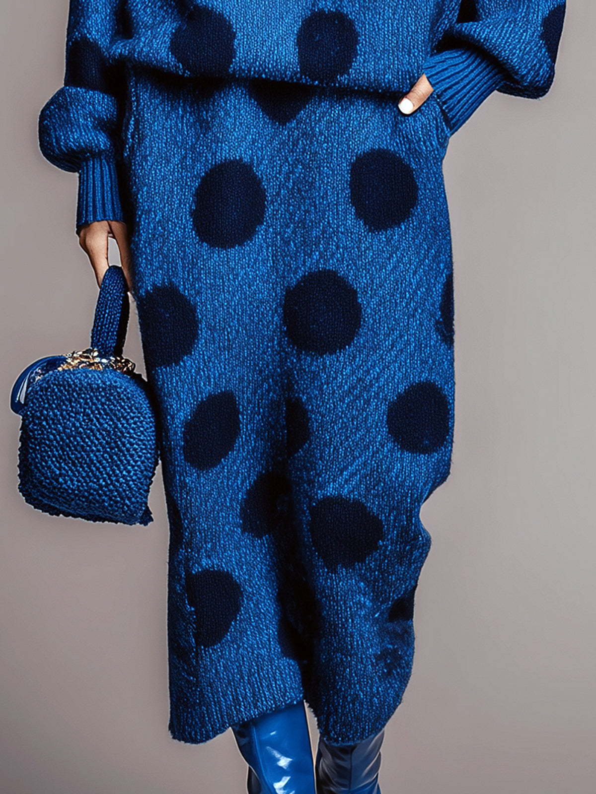 Taidalw Chic Contrast Polka Dot Mock Neck Long Sleeve Top Midi Skirt Knit Two-Piece Set