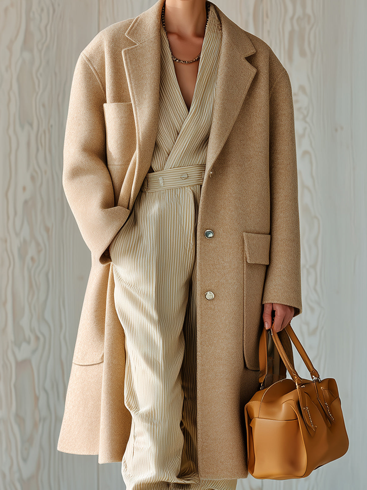 Taidalw Chic Vintage Khaki Wool Blend Notched Collar Single-Breasted Large Pocket Slouchy Wram Mid-Length Coat