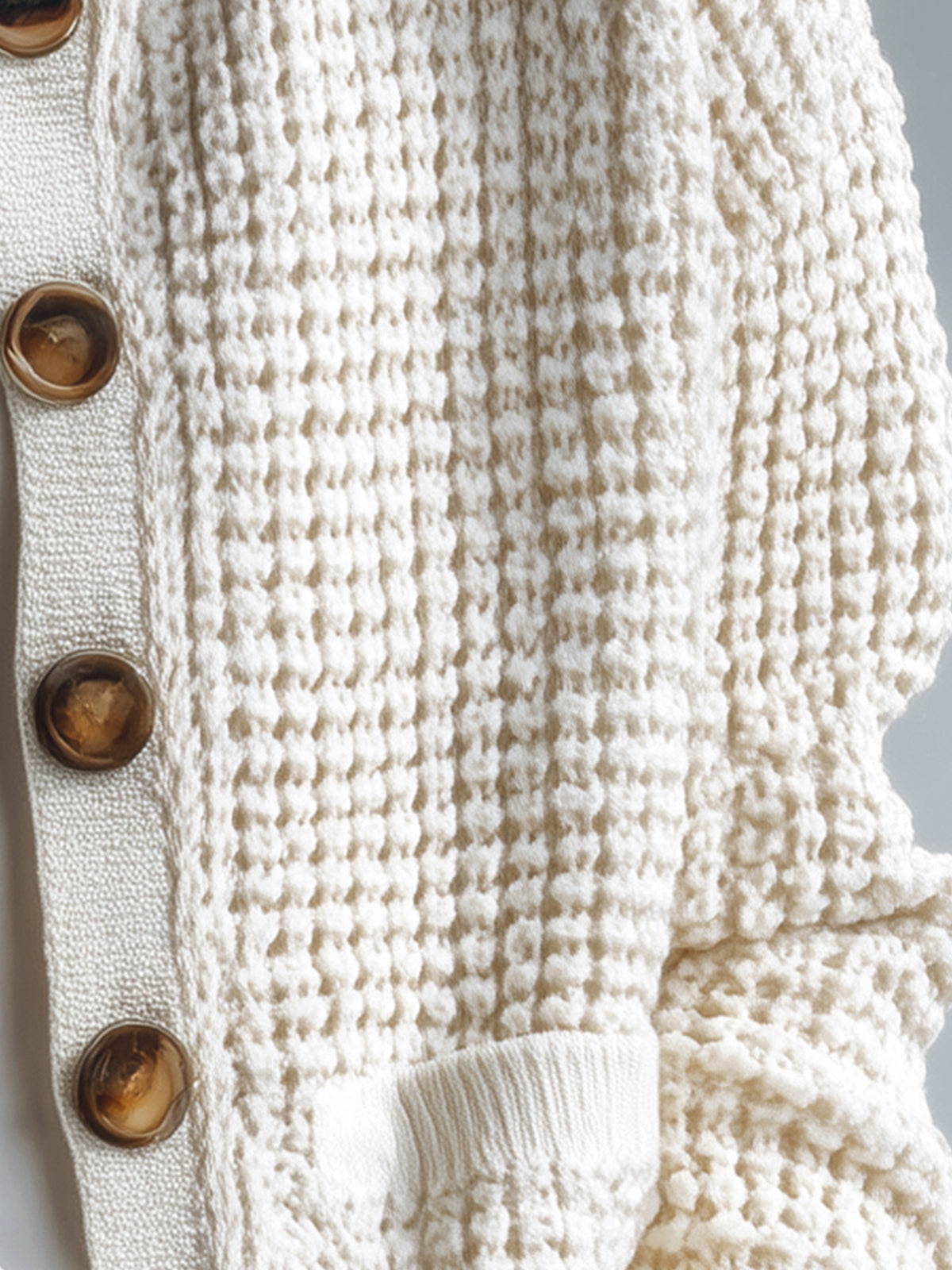 Taidalw Chic Vintage Cream White Crew Neck Single Breasted Patch Pocket Slouchy Textured Knit Cardigan