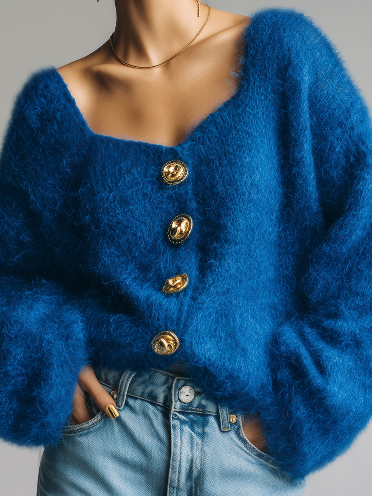 Taidalw Chic Vintage Royal Blue Square Neck Single-Breasted Long Sleeve Loose-Fit Fuzzy Knit Cardigan Top