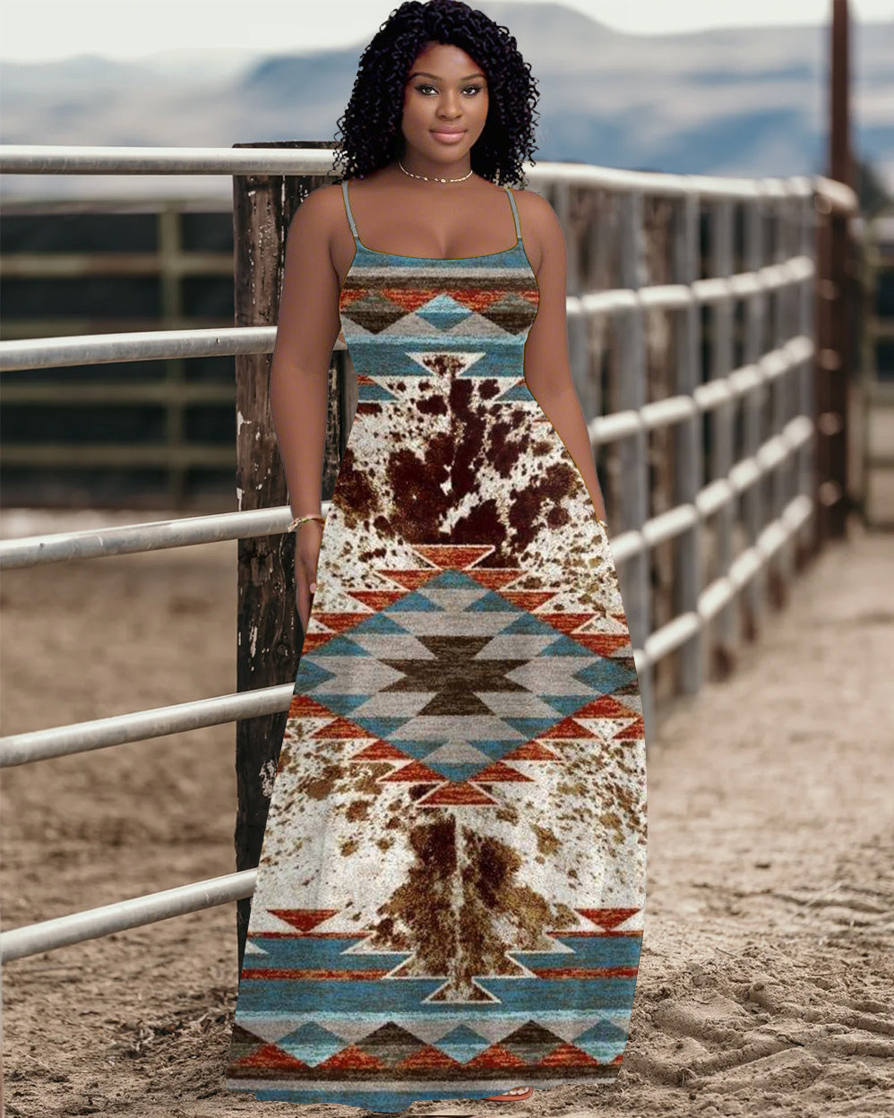 Sling Retro Western Totem Pocket Maxi Dress