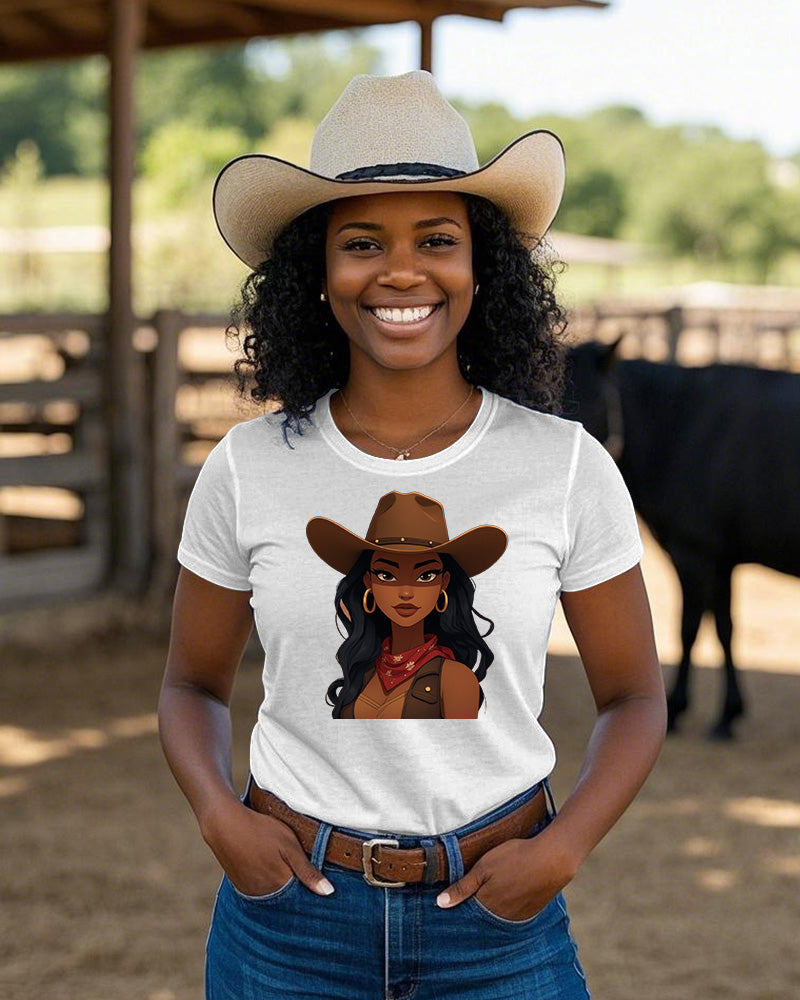 Cartoon Melanin Cowgirl Crew Neck Short Sleeve Cotton T-shirt