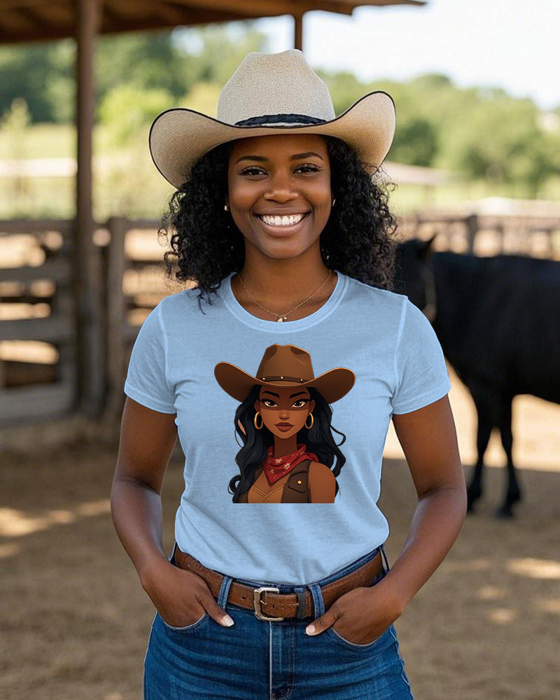 Cartoon Melanin Cowgirl Crew Neck Short Sleeve Cotton T-shirt