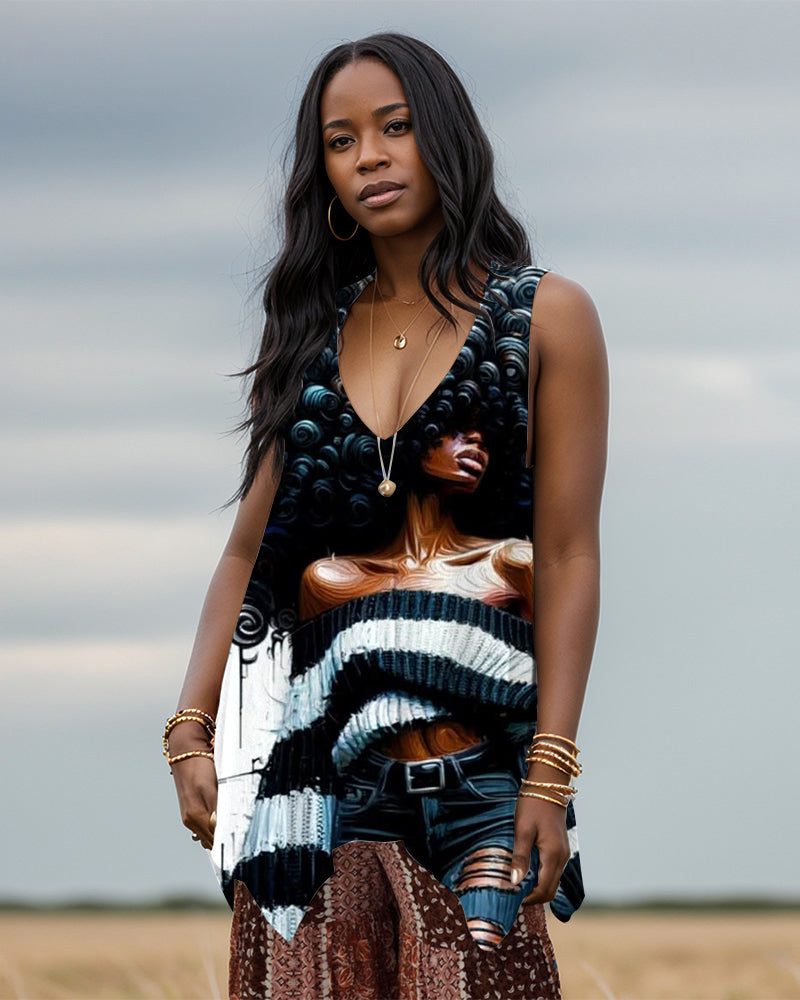 Black Girl Magic V-neck Irregular Long Vest