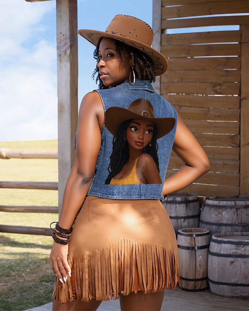 Pretty Cartoon Black Cowgirl Single-Breasted Casual Denim Waistcoat