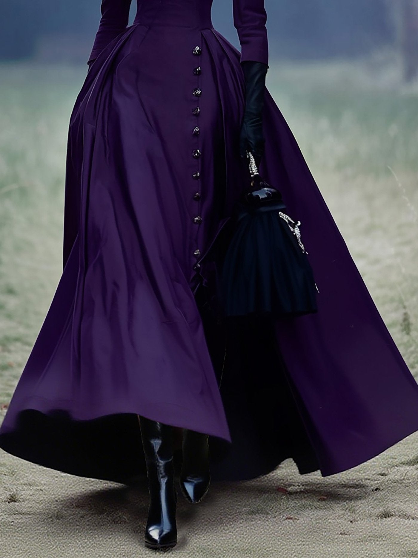 Maxi Cotton Dress, Half Sleeve, Turtleneck, Plain, Button Design, Vintage, Deep Purple, Halloween