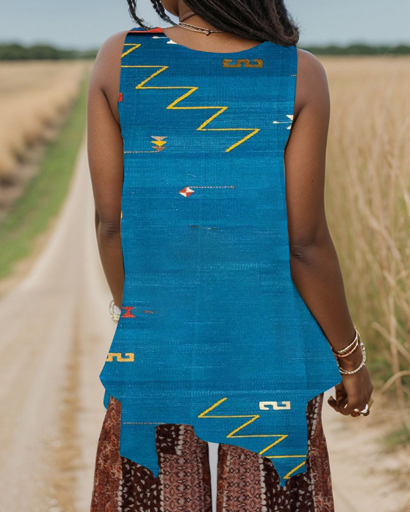 Ethnic Horse Print V-neck Irregular Long Vest