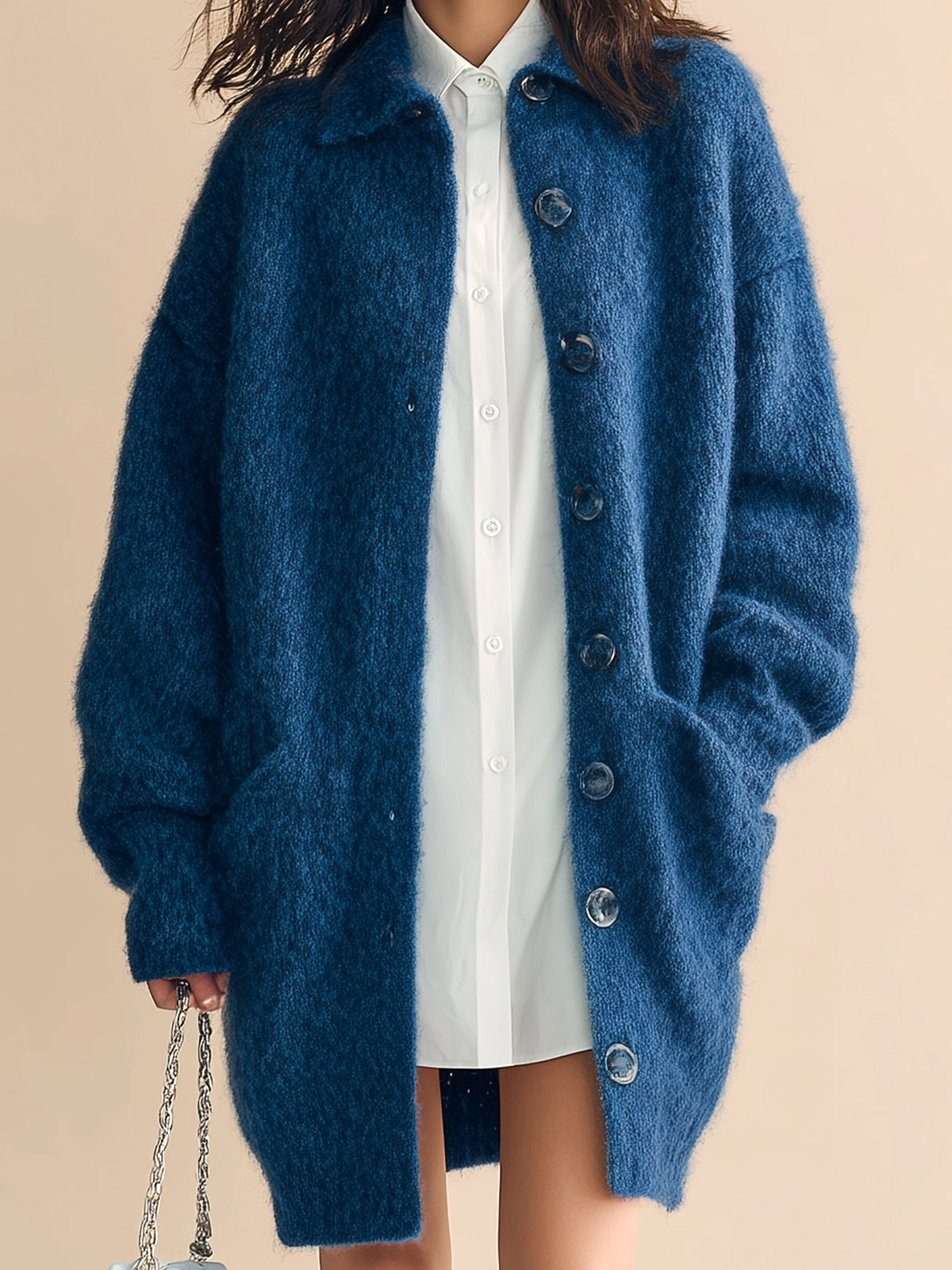 Taidalw Chic Vintage Dark Blue Lapel Single-Breasted Long Sleeve Oversized Knit Mid-Length Cardigan