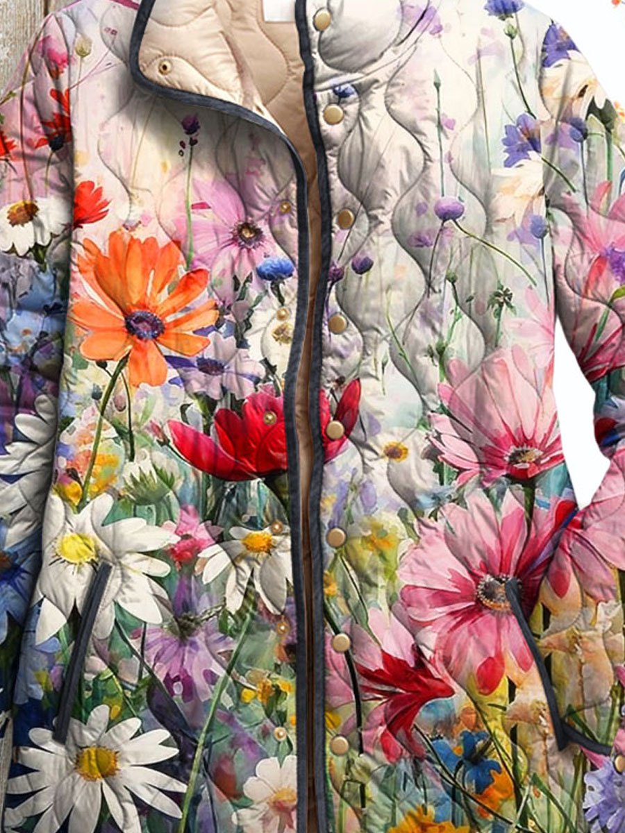 Women's Vintage Lovely Floral Art Print Casual Quilted Coat Cardigan