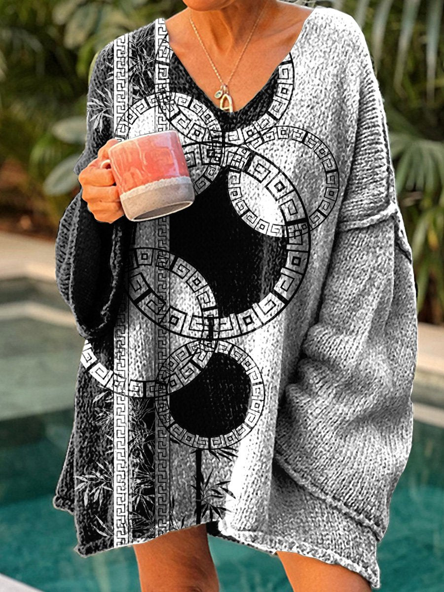 Black And White Bamboo Art Printed Women's Casual Pullover Sweater