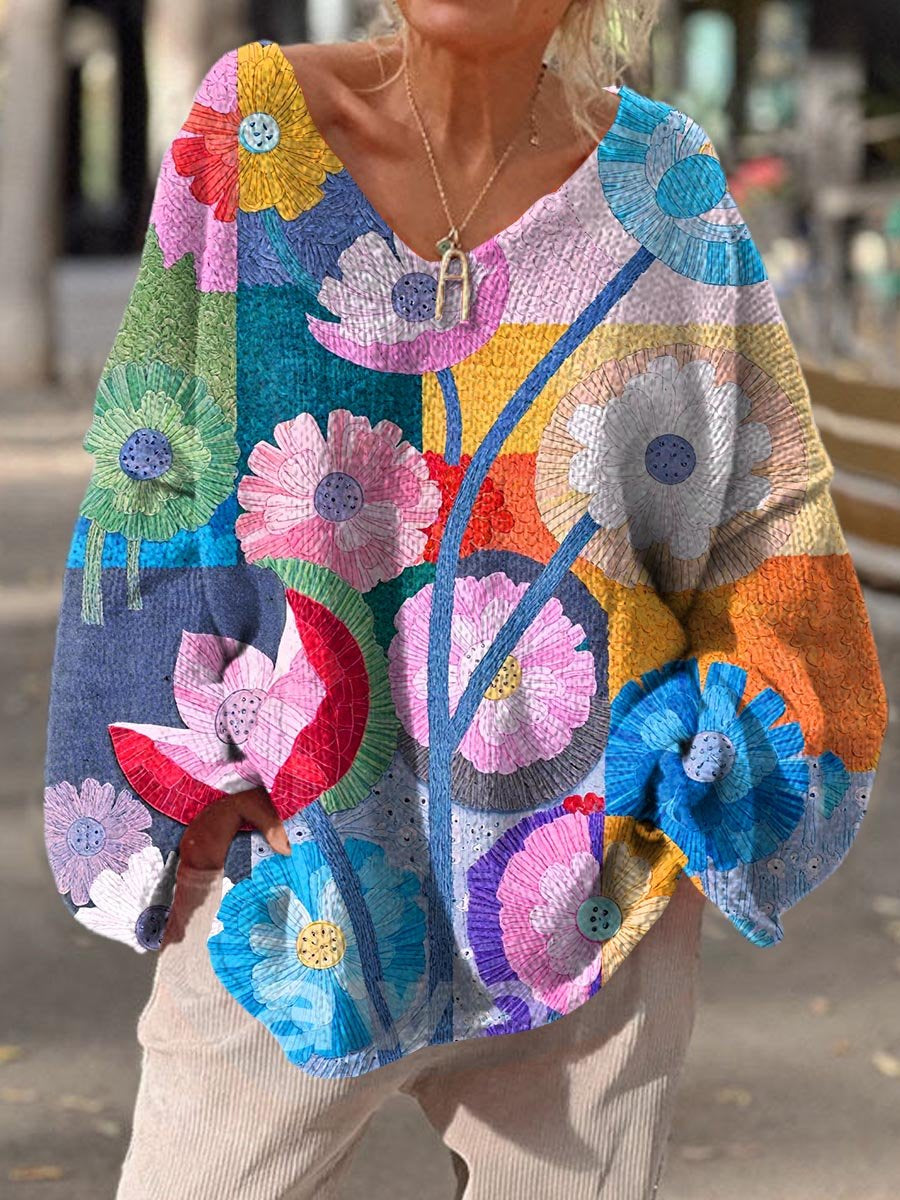 Women's Vintage Flower Abstract Geometric Splicing Pattern Christmas Gift Art Print Casual Pullover Sweater