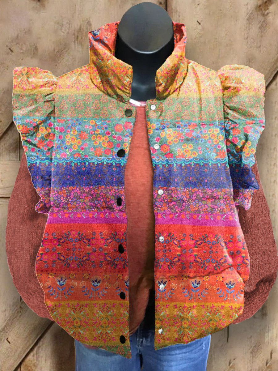 Women's Colorful Striped Floral Print Casual Quilted Cardigan