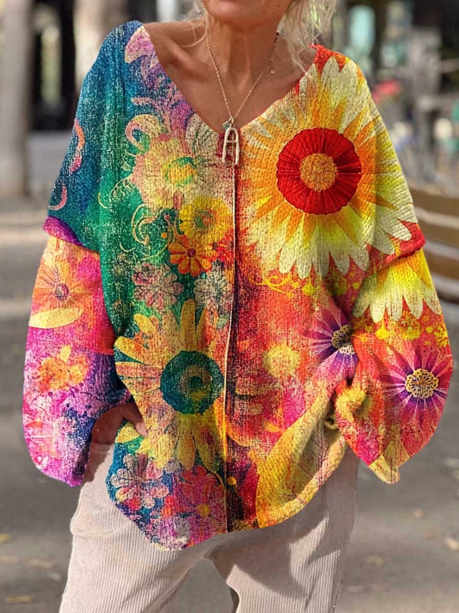 Women's Vintage Hippie Art Colorful Flowers Casual Pullover Sweater