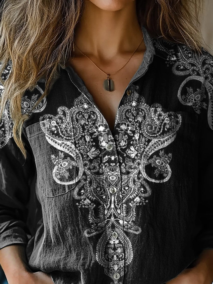Ethnic Pattern Printed Women's Casual Long Sleeve Comfortable Cotton Shirt