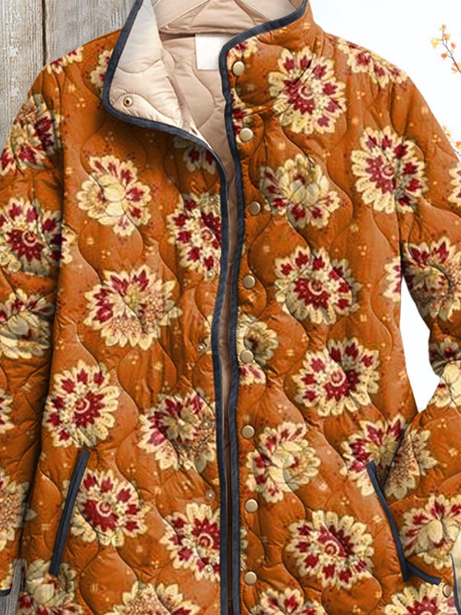 Women's Vintage Floral Art Print Casual Quilted Coat Cardigan