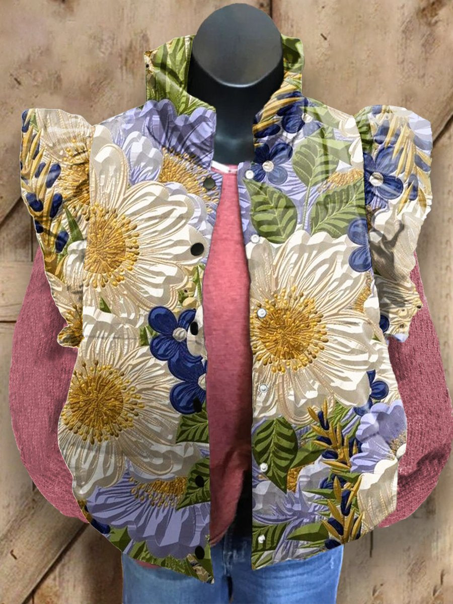Women's Floral Art Print Casual Quilted Cardigan
