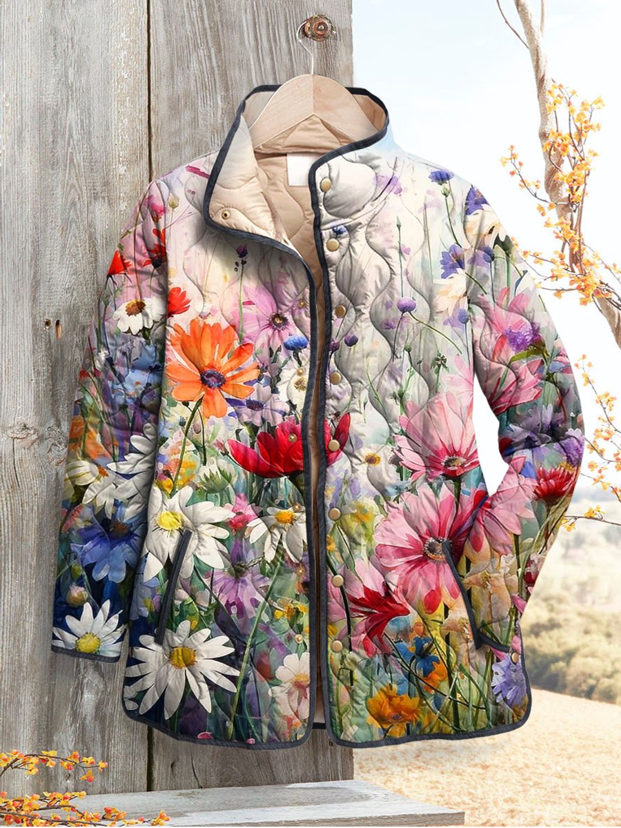 Women's Vintage Lovely Floral Art Print Casual Quilted Coat Cardigan