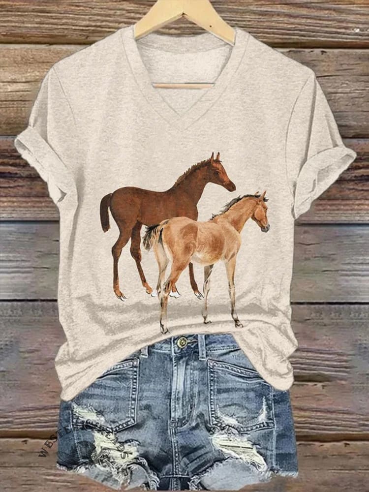 Western Horse Pattern Print V Neck Comfy Casual T-shirt