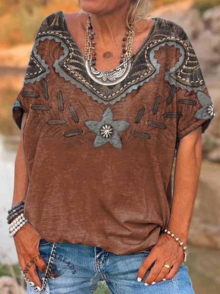 Retro Brown Pattern Art Print 100%Cotton V-neck T-Shirt