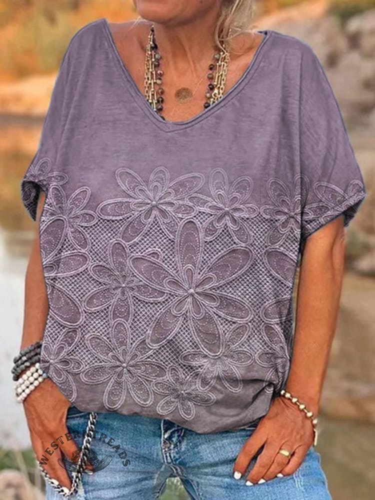Vintage Floral Art Print 100%Cotton V-neck T-Shirt