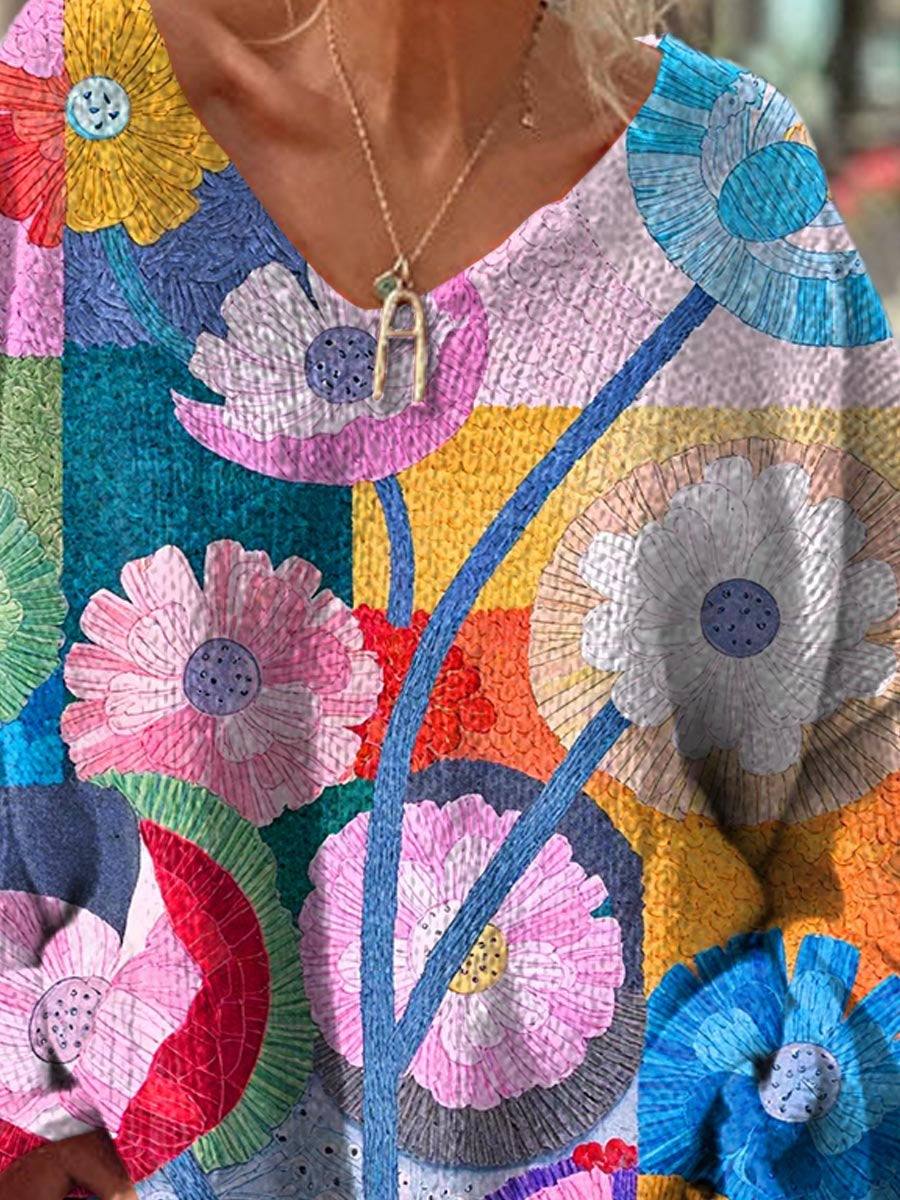 Women's Vintage Flower Abstract Geometric Splicing Pattern Christmas Gift Art Print Casual Pullover Sweater