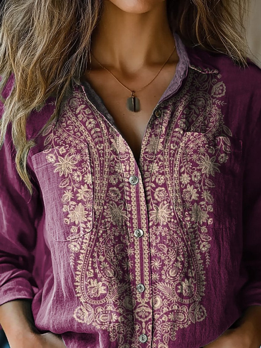 Ethnic Style Floral Pattern Printed Women's Casual Long Sleeve Comfortable Cotton Shirt