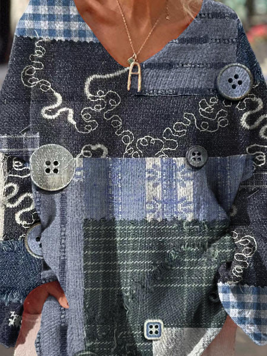 Women's Vintage Abstract Geometric Splicing Pattern Art Print Casual Pullover Sweater