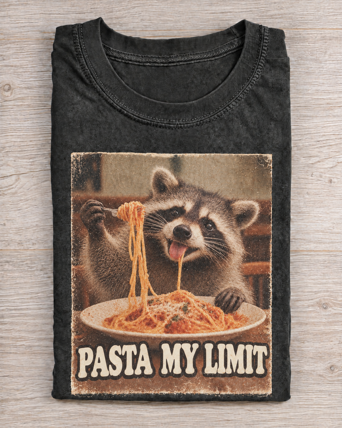 Black Washed Raccoon Pasta My Limit Graphic Tee