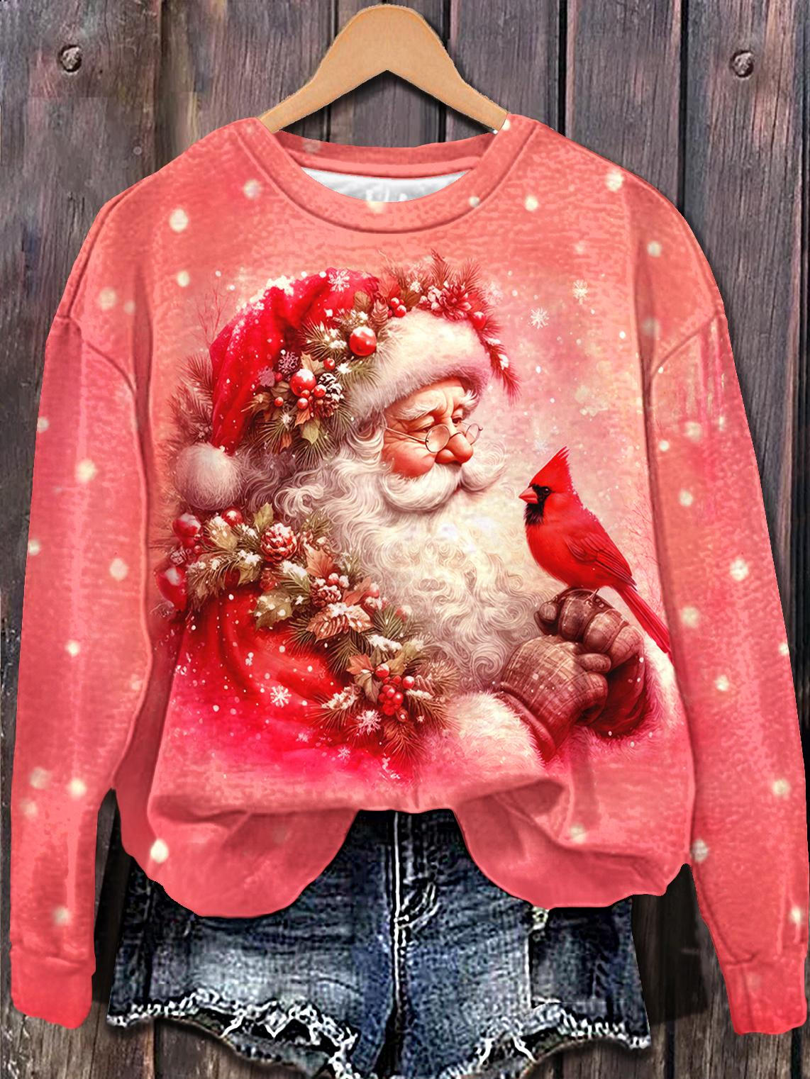 Christmas Santa Claus And Red Bird Print Long Sleeve Casual Top