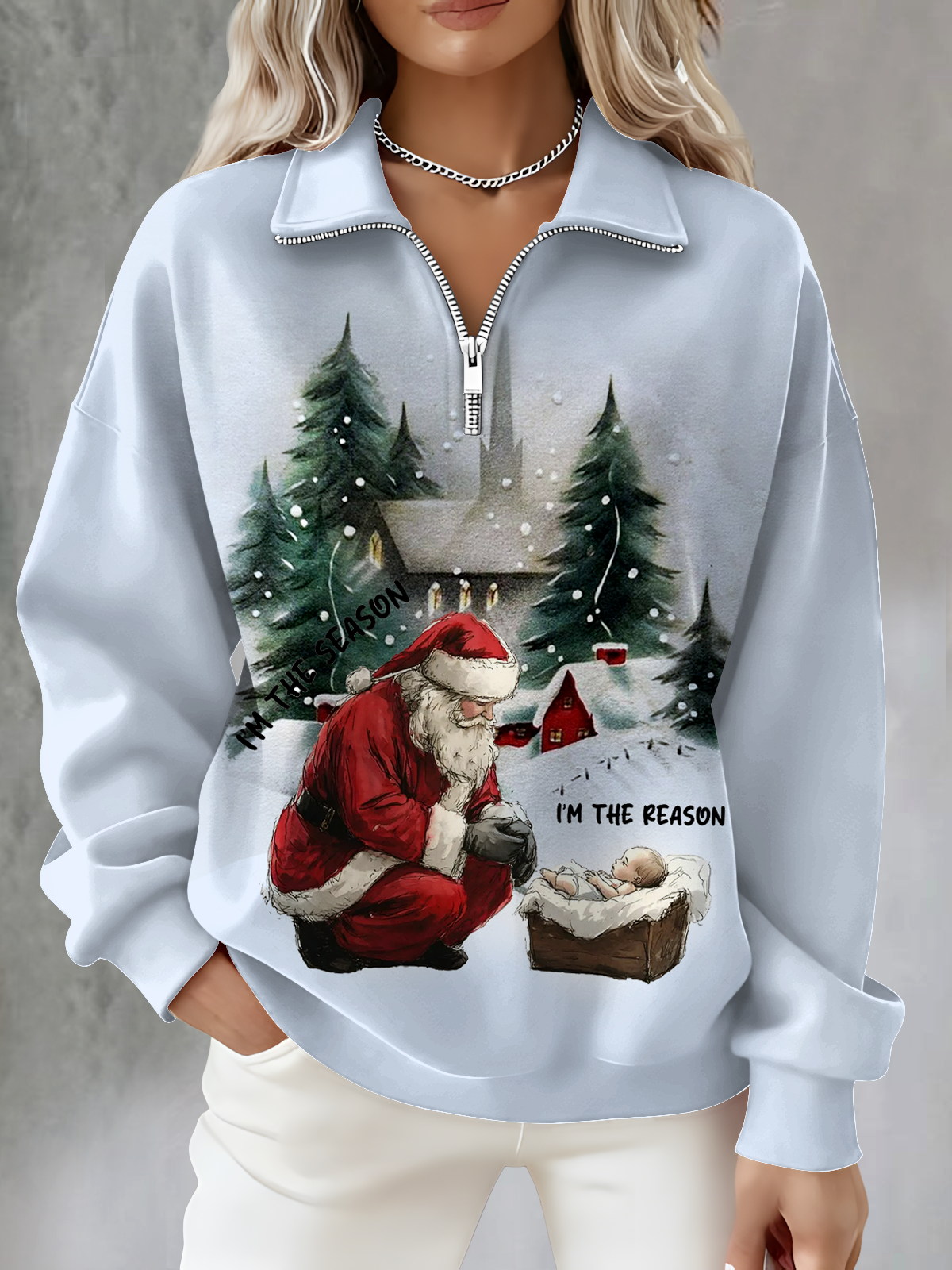 Christmas Jesus Print Long Sleeve Zipper Sweatshirt