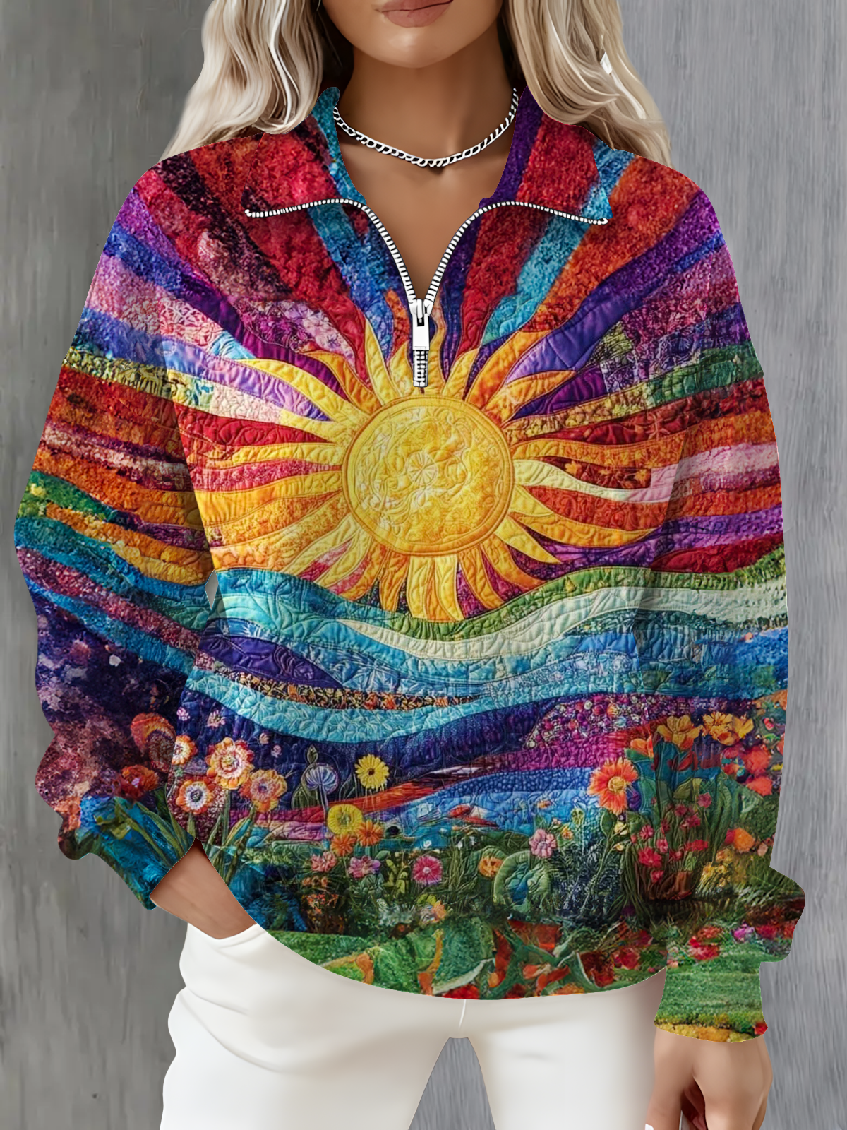 Hippie Sun Collage Long Sleeve Zipper Sweatshirt