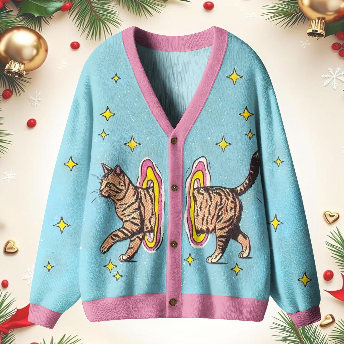 Winter Starry Sky Cute Cat Unisex Ugly Cardigan Sweaters