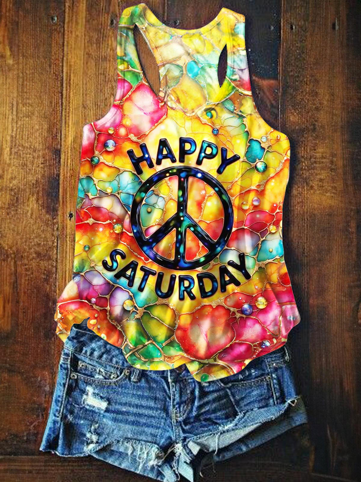 Retro Hippie Tie-Dye Printed Casual Tank Top