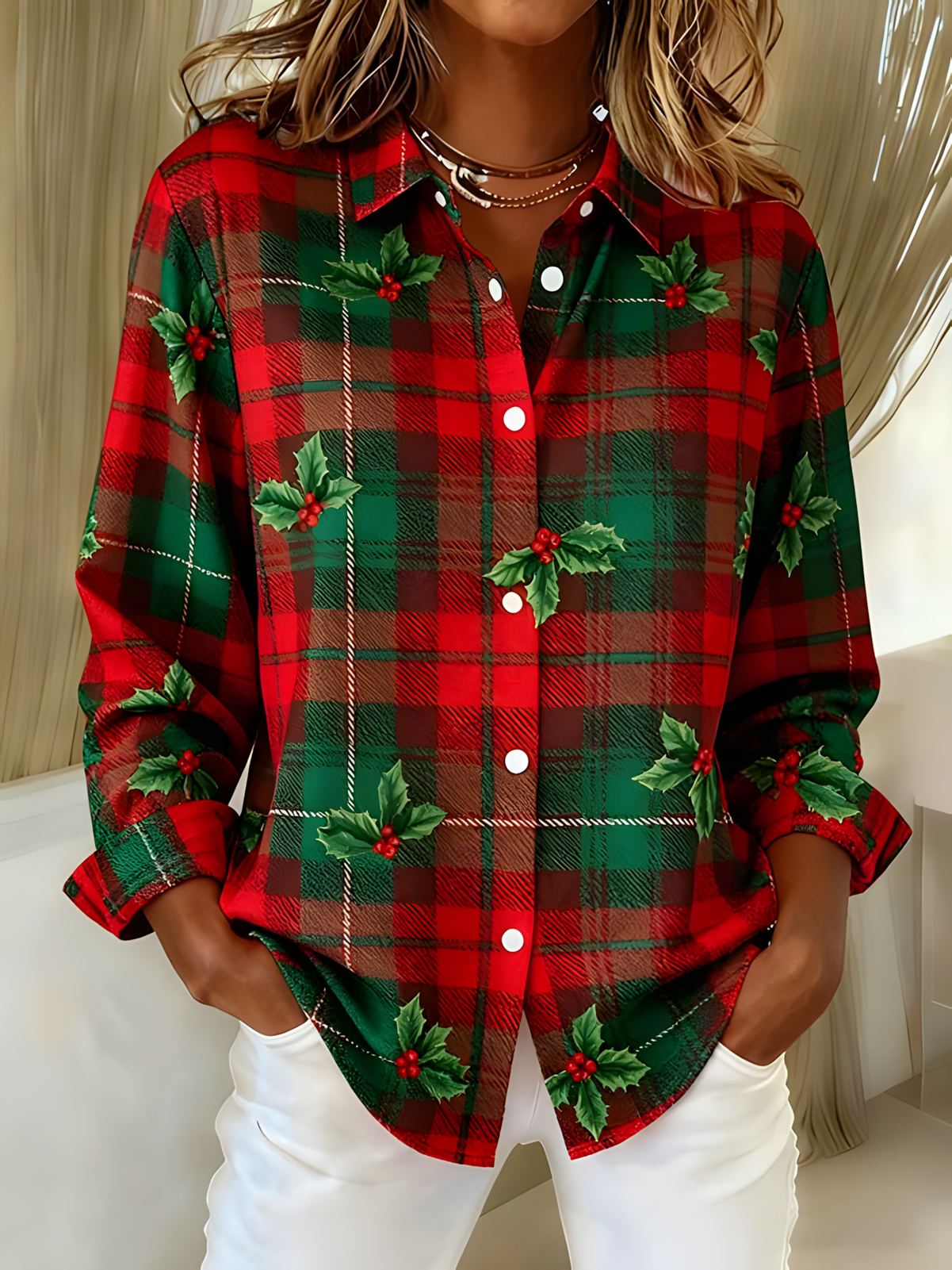 Women's Casual Christmas Plaid Printed Casual Shirt