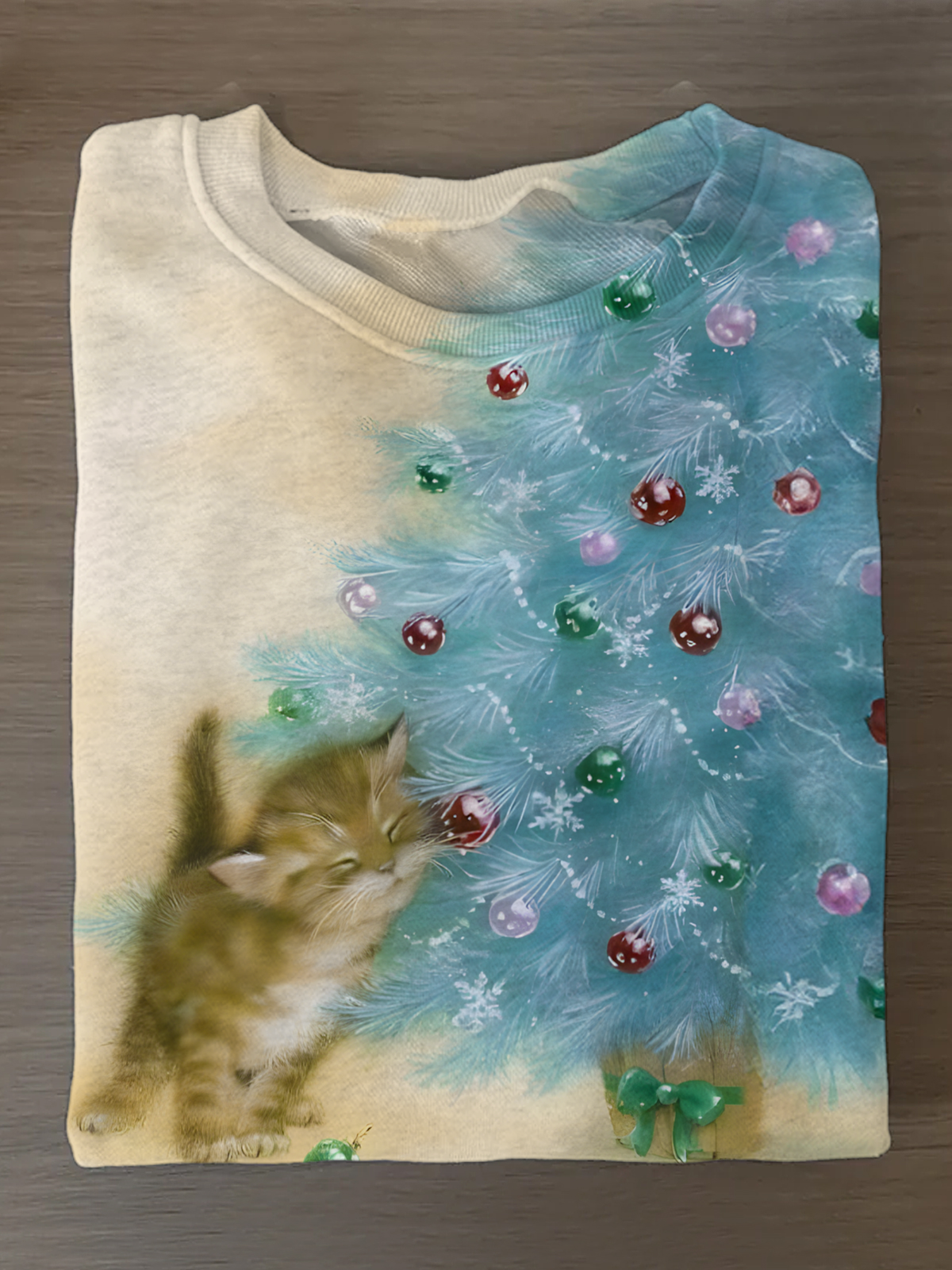 Funny Christmas Tree Cat Printed Long Sleeve Casual Top